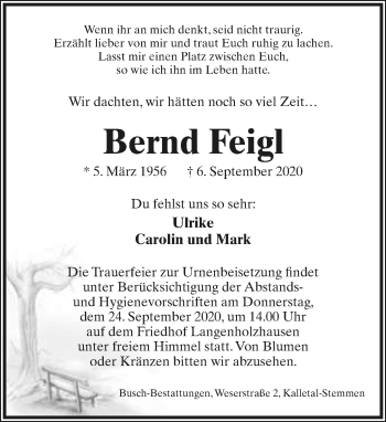 Anzeige  Bernd Feigl  Lippische Landes-Zeitung