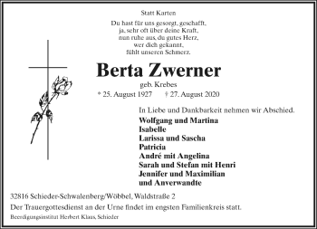 Anzeige  Berta Zwerner  Lippische Landes-Zeitung