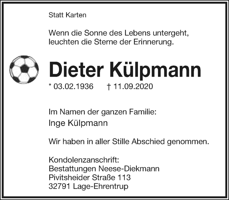  Traueranzeige für Dieter Külpmann vom 26.09.2020 aus Lippische Landes-Zeitung