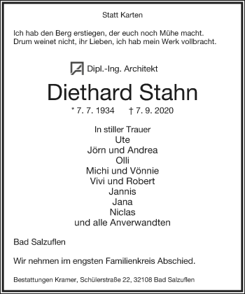 Anzeige  Diethard Stahn  Lippische Landes-Zeitung