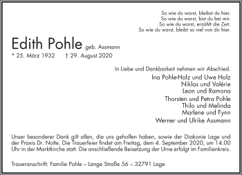 Anzeige  Edith Pohle  Lippische Landes-Zeitung