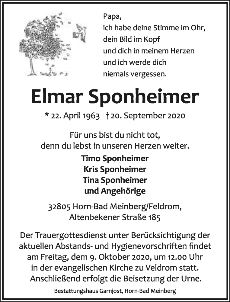  Traueranzeige für Elmar Sponheimer vom 26.09.2020 aus Lippische Landes-Zeitung