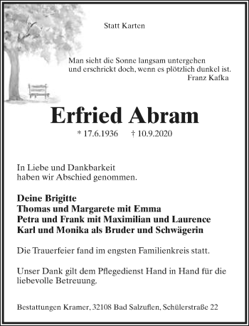 Anzeige  Erfried Abram  Lippische Landes-Zeitung