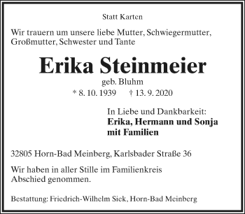 Anzeige  Erika Steinmeier  Lippische Landes-Zeitung