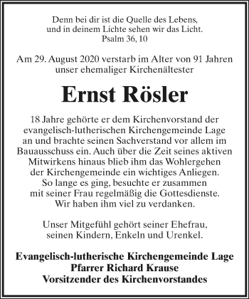 Anzeige  Ernst Rösler  Lippische Landes-Zeitung