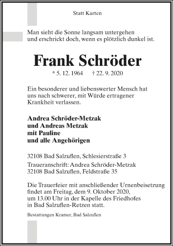 Anzeige  Frank Schröder  Lippische Landes-Zeitung