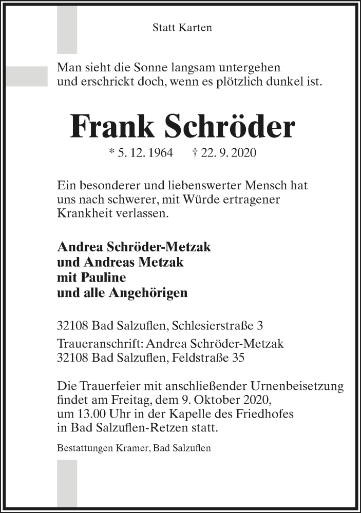  Traueranzeige für Frank Schröder vom 26.09.2020 aus Lippische Landes-Zeitung