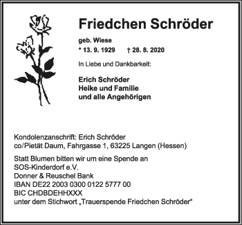 Anzeige  Friedchen Schröder  Lippische Landes-Zeitung