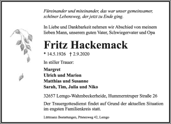 Anzeige  Fritz Hackemack  Lippische Landes-Zeitung