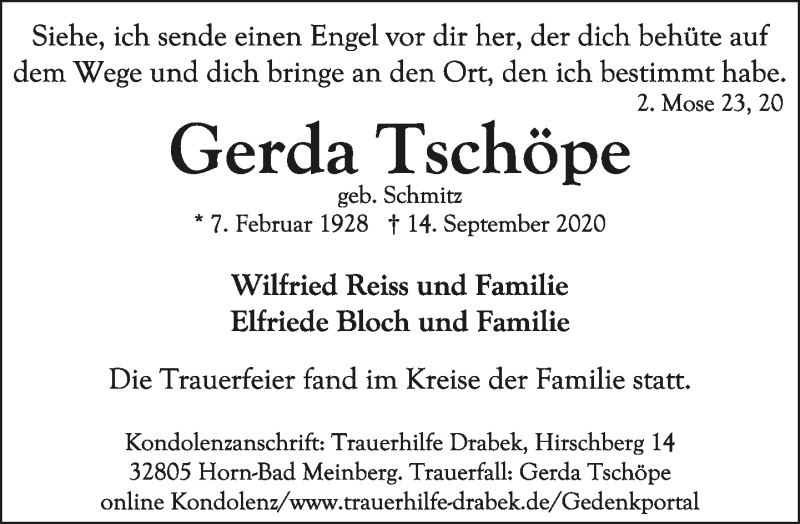  Traueranzeige für Gerda Tschöpe vom 26.09.2020 aus Lippische Landes-Zeitung