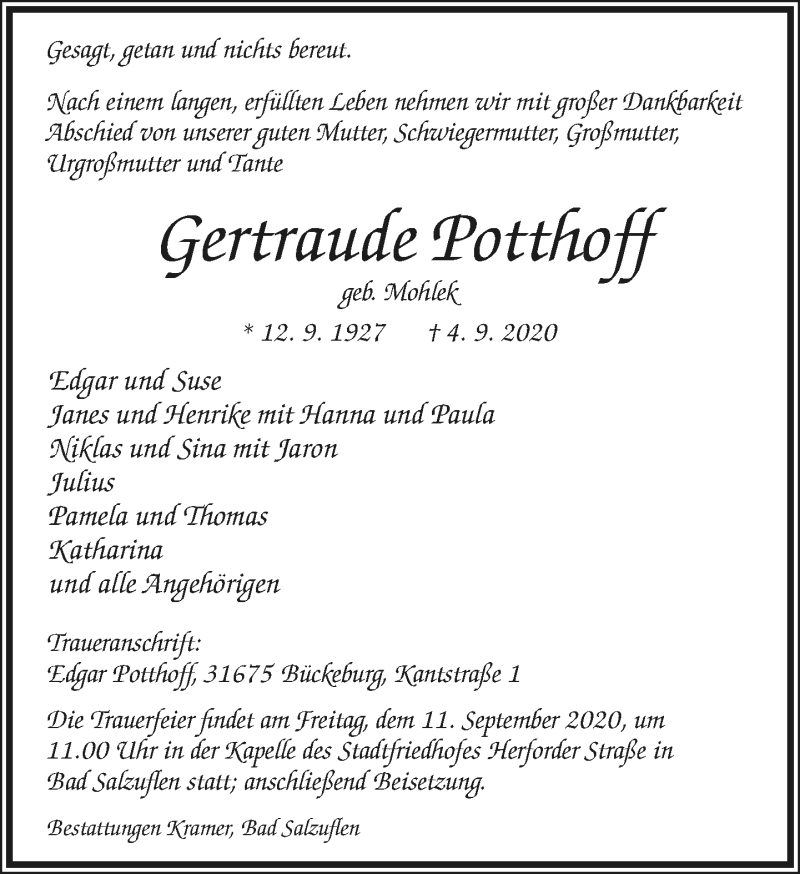  Traueranzeige für Gertraude Potthoff vom 09.09.2020 aus Lippische Landes-Zeitung