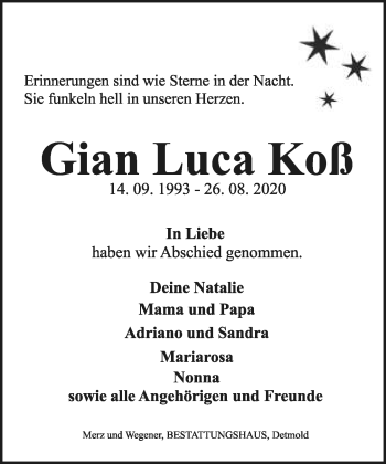 Anzeige  Gian Luca Koß  Lippische Landes-Zeitung