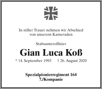 Anzeige  Gian Luca Koß  Lippische Landes-Zeitung