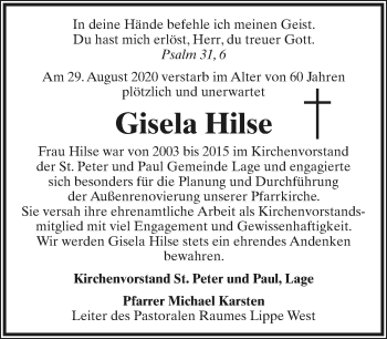 Anzeige  Gisela Hilse  Lippische Landes-Zeitung