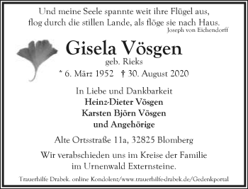 Anzeige  Gisela Vösgen  Lippische Landes-Zeitung