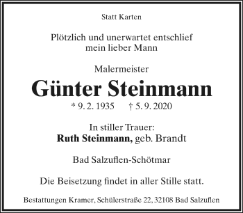Anzeige  Günter Steinmann  Lippische Landes-Zeitung