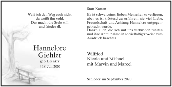 Anzeige  Hannelore Giehler  Lippische Landes-Zeitung