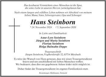 Anzeige  Hans Steinborn  Lippische Landes-Zeitung