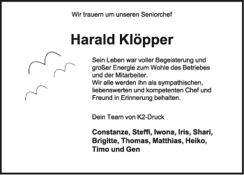 Anzeige  Harald Klöpper  Lippische Landes-Zeitung