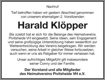 Anzeige  Harald Klöpper  Lippische Landes-Zeitung
