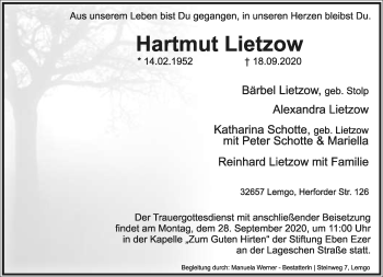 Anzeige  Hartmut Lietzow  Lippische Landes-Zeitung