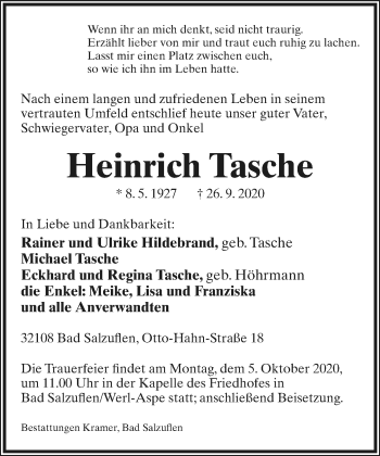 Anzeige  Heinrich Tasche  Lippische Landes-Zeitung