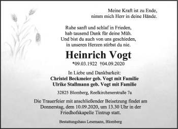 Anzeige  Heinrich Vogt  Lippische Landes-Zeitung