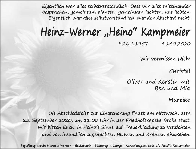  Traueranzeige für Heinz-Werner  Kampmeier vom 19.09.2020 aus Lippische Landes-Zeitung