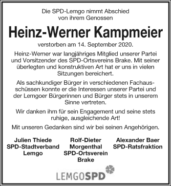 Anzeige  Heinz-Werner  Kampmeier  Lippische Landes-Zeitung