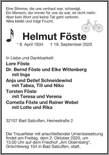 Anzeige  Helmut Föste  Lippische Landes-Zeitung