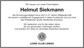 Anzeige  Helmut Siekmann  Lippische Landes-Zeitung
