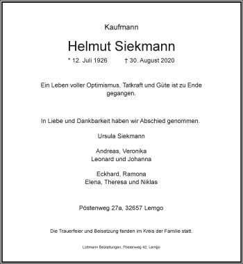 Anzeige  Helmut Siekmann  Lippische Landes-Zeitung