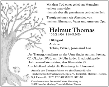 Anzeige  Helmut Thomas  Lippische Landes-Zeitung