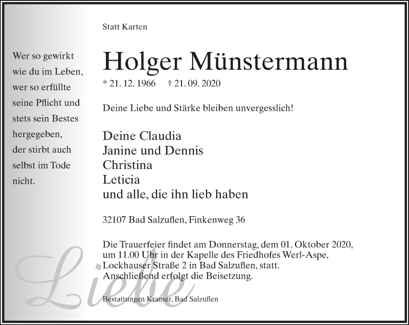  Traueranzeige für Holger Münstermann vom 26.09.2020 aus Lippische Landes-Zeitung