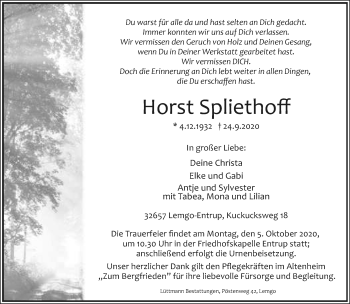 Anzeige  Horst Spliethoff  Lippische Landes-Zeitung