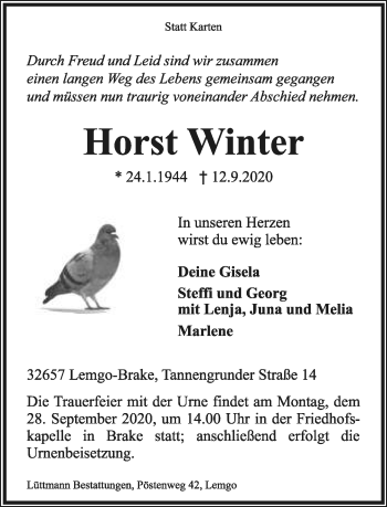 Anzeige  Horst Winter  Lippische Landes-Zeitung