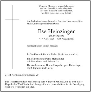 Anzeige  Ilse Heinzinger  Lippische Landes-Zeitung