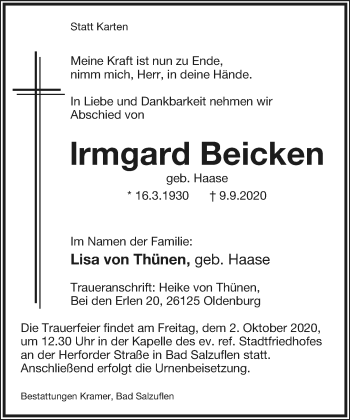 Anzeige  Irmgard Beicken  Lippische Landes-Zeitung