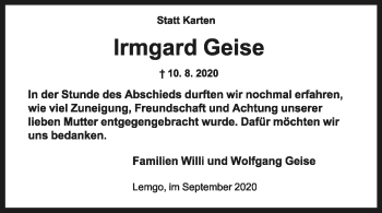 Anzeige  Irmgard Geise  Lippische Landes-Zeitung