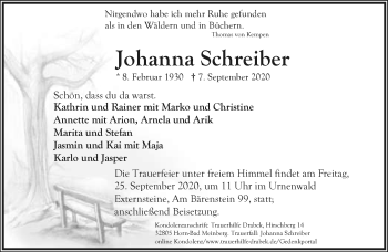 Anzeige  Johanna Schreiber  Lippische Zeitung