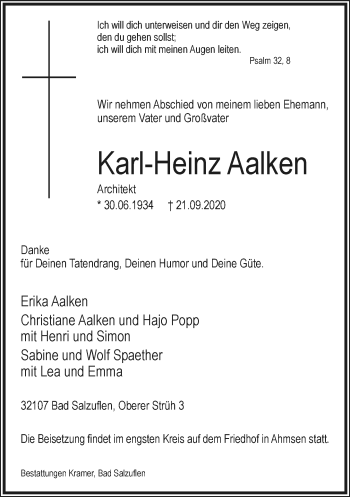 Anzeige  Karl-Heinz Aalken  Lippische Landes-Zeitung