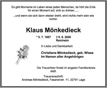Anzeige  Klaus Mönkedieck  Lippische Landes-Zeitung