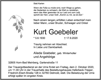 Anzeige  Kurt Goebeler  Lippische Landes-Zeitung