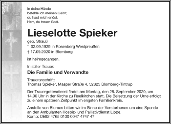 Anzeige  Lieselotte Spieker  Lippische Landes-Zeitung