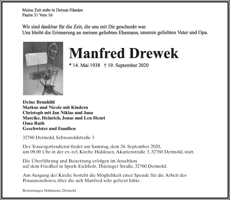  Traueranzeige für Manfred Drewek vom 23.09.2020 aus Lippische Landes-Zeitung