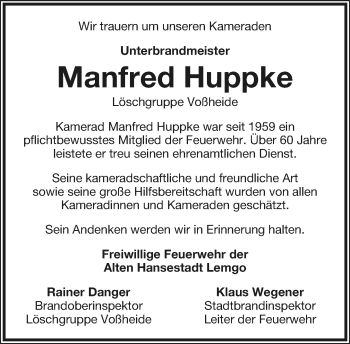Anzeige  Manfred Huppke  Lippische Landes-Zeitung