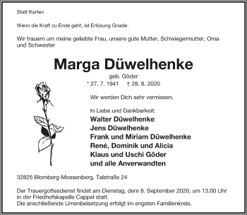 Anzeige  Marga Düwelhenke  Lippische Landes-Zeitung