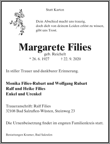 Anzeige  Margarete Filies  Lippische Landes-Zeitung