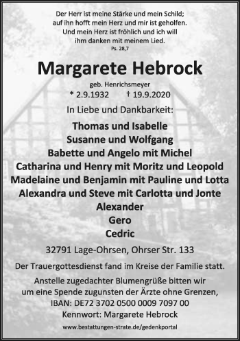 Anzeige  Margarete Hebrock  Lippische Landes-Zeitung