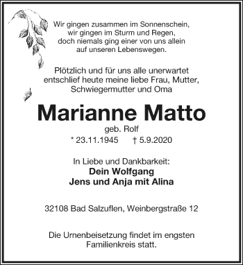 Anzeige  Marianne Matto  Lippische Landes-Zeitung